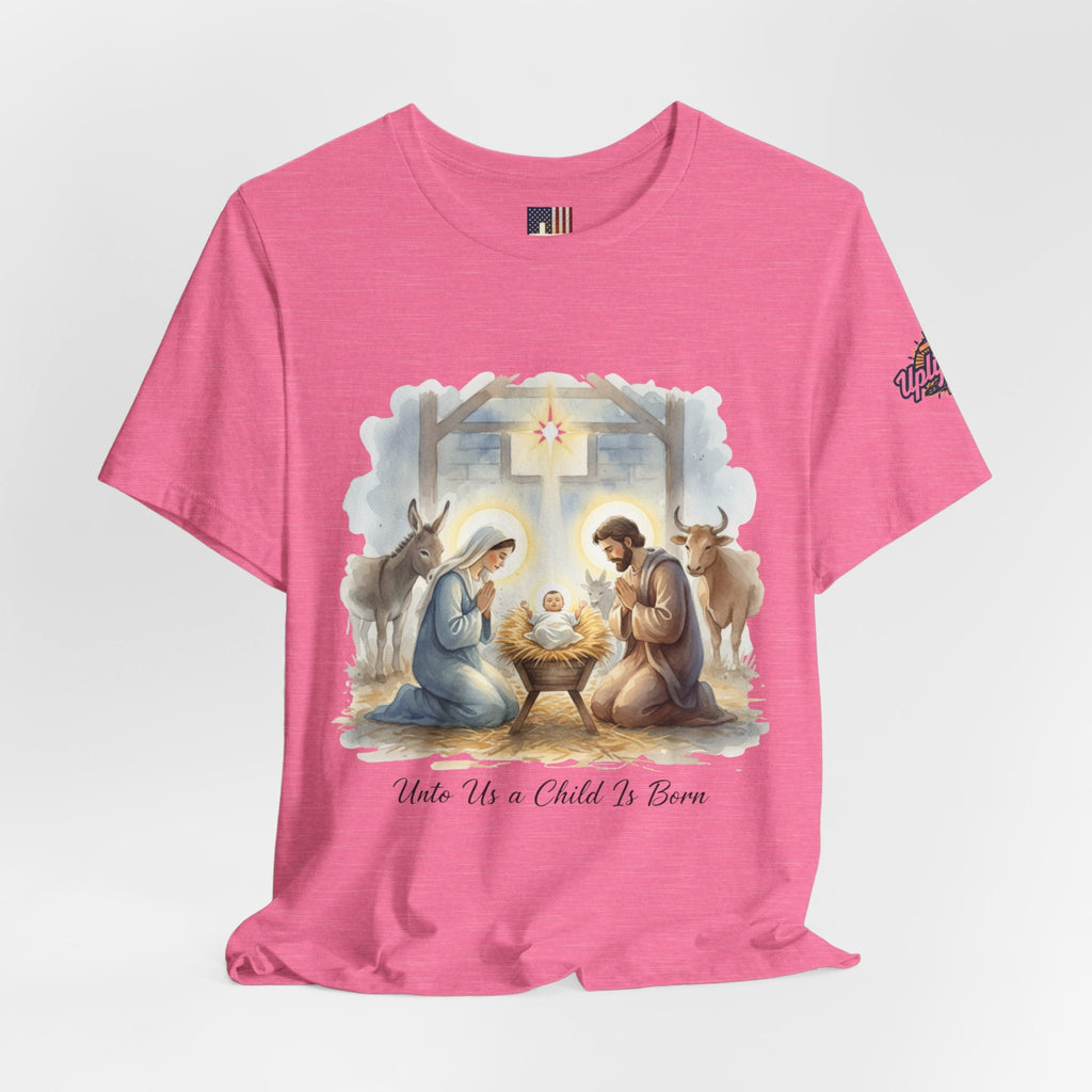 Unto Us a Child is Born T-shirt – Isaiah 9:6 Nativity Manger Scene Christian Christmas T-shirt for Holy Night Faith Printify