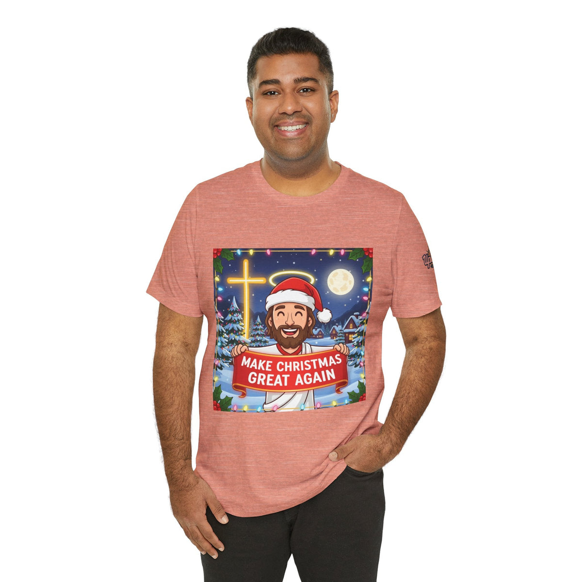 🎄 Make Christmas Great Again – Funny Christian T-Shirt | Jesus Holding Banner | Faith-Based Holiday Parody Tee | Uplifted Gear Printify