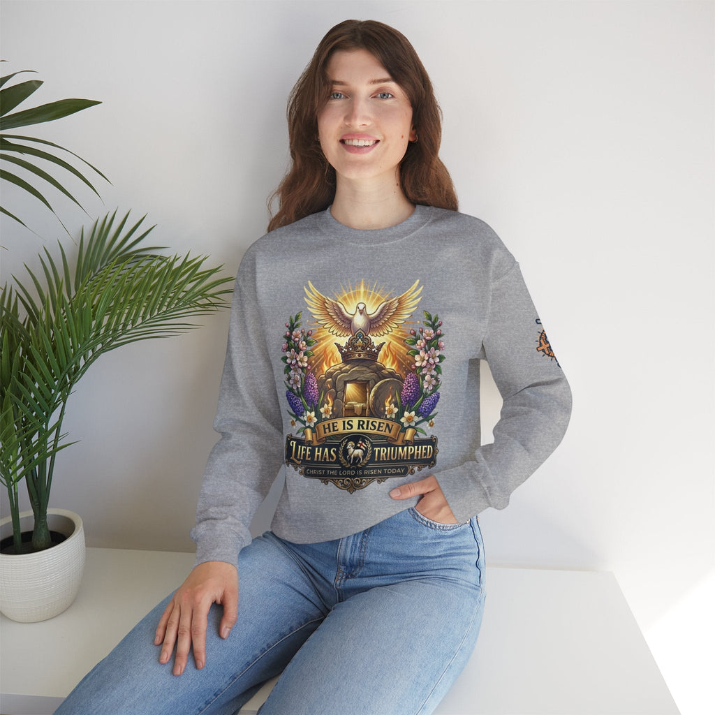 He Is Risen "Life Has Triumphed" Sweatshirt — Easter Resurrection Christian Sweatshirt Printify