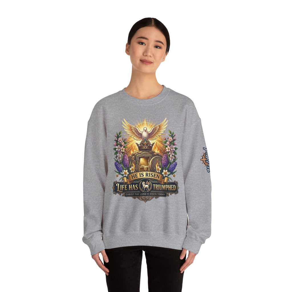 He Is Risen "Life Has Triumphed" Sweatshirt — Easter Resurrection Christian Sweatshirt Printify