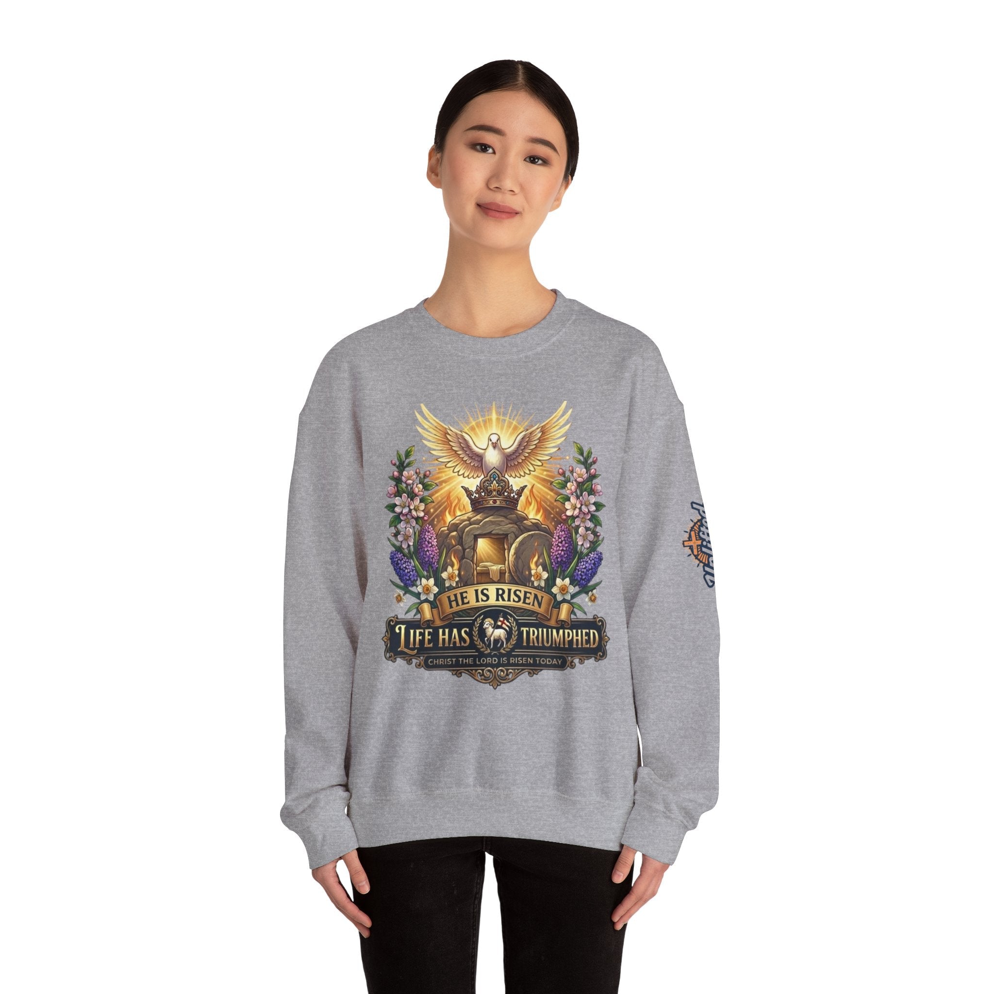 He Is Risen "Life Has Triumphed" Sweatshirt — Easter Resurrection Christian Sweatshirt Printify