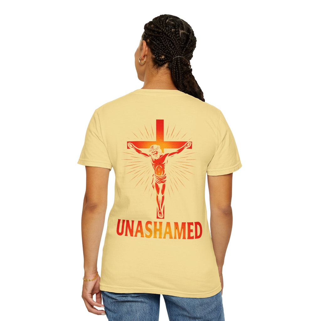 Unashamed T-shirt – Romans 1:16 Crucifixion Christian t-shirt for Bold Unwavering Faith Red Printify