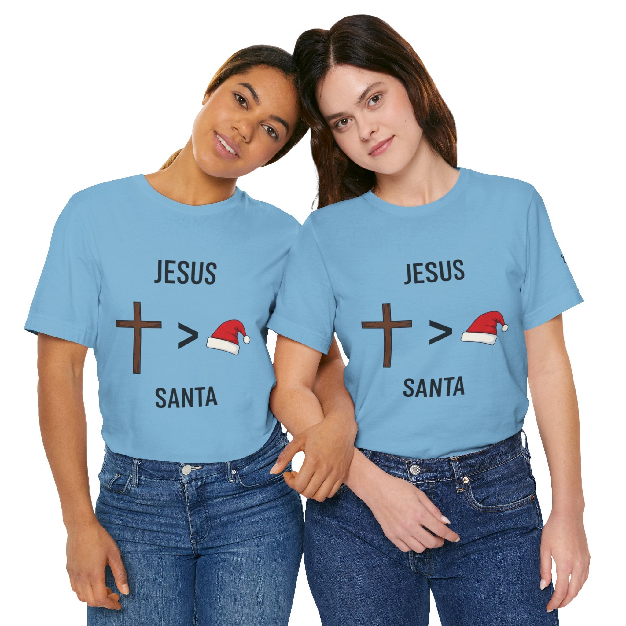 🎄 Jesus > Santa – Minimalist Christian Christmas T-Shirt | Bold Faith Over Holiday Tee | Cross vs Santa Hat Design | Uplifted Gear Printify
