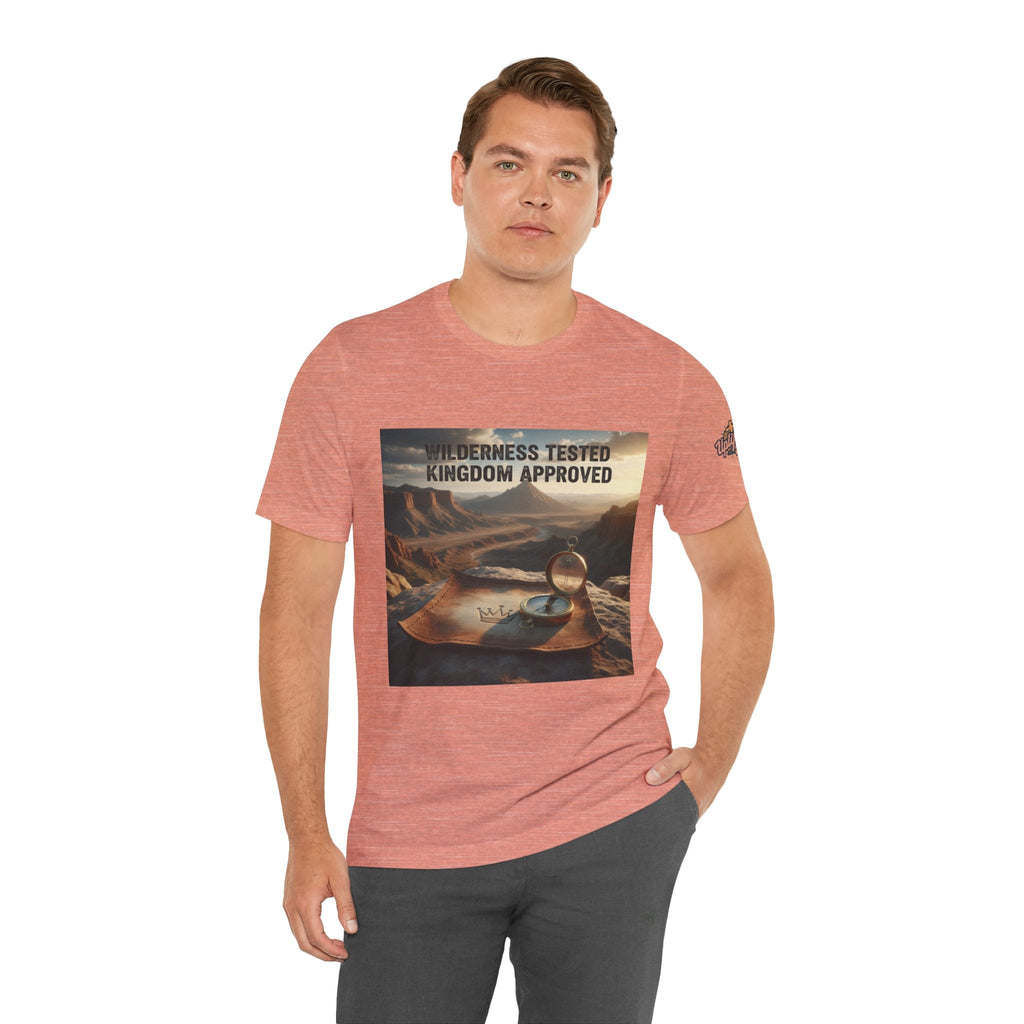 Wilderness Tested Kingdom Approved T-shirt – Mountain Desert Compass Crown Christian T-shirt for Biblical Adventure Faith Printify