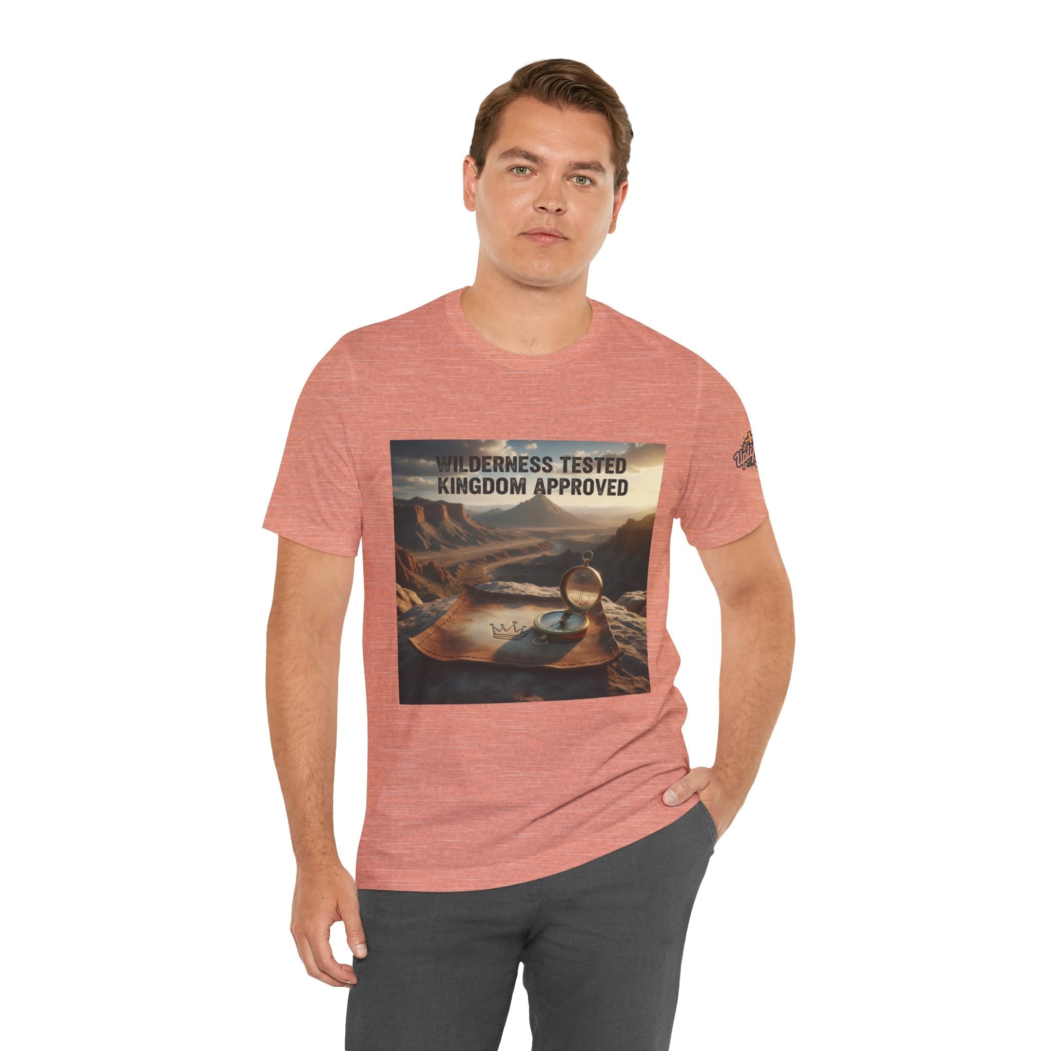 Wilderness Tested Kingdom Approved T-shirt – Mountain Desert Compass Crown Christian T-shirt for Biblical Adventure Faith Printify