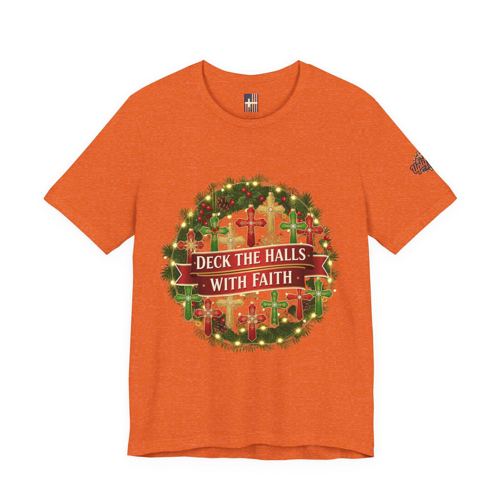 🎄 Deck the Halls with Faith – Christian Christmas T-Shirt | Cross Ornament Design & Festive Garland | Bold Holiday Faith Tee by Uplifted Gear Printify