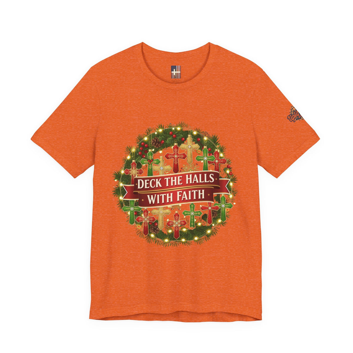 🎄 Deck the Halls with Faith – Christian Christmas T-Shirt | Cross Ornament Design & Festive Garland | Bold Holiday Faith Tee by Uplifted Gear Printify