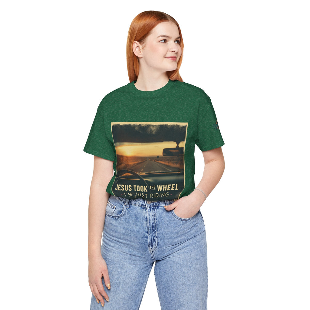 Jesus Took the Wheel I'm Just Riding T-shirt – Funny Christian Convertible Car T-shirt for Surrendered Faith & Humor Printify