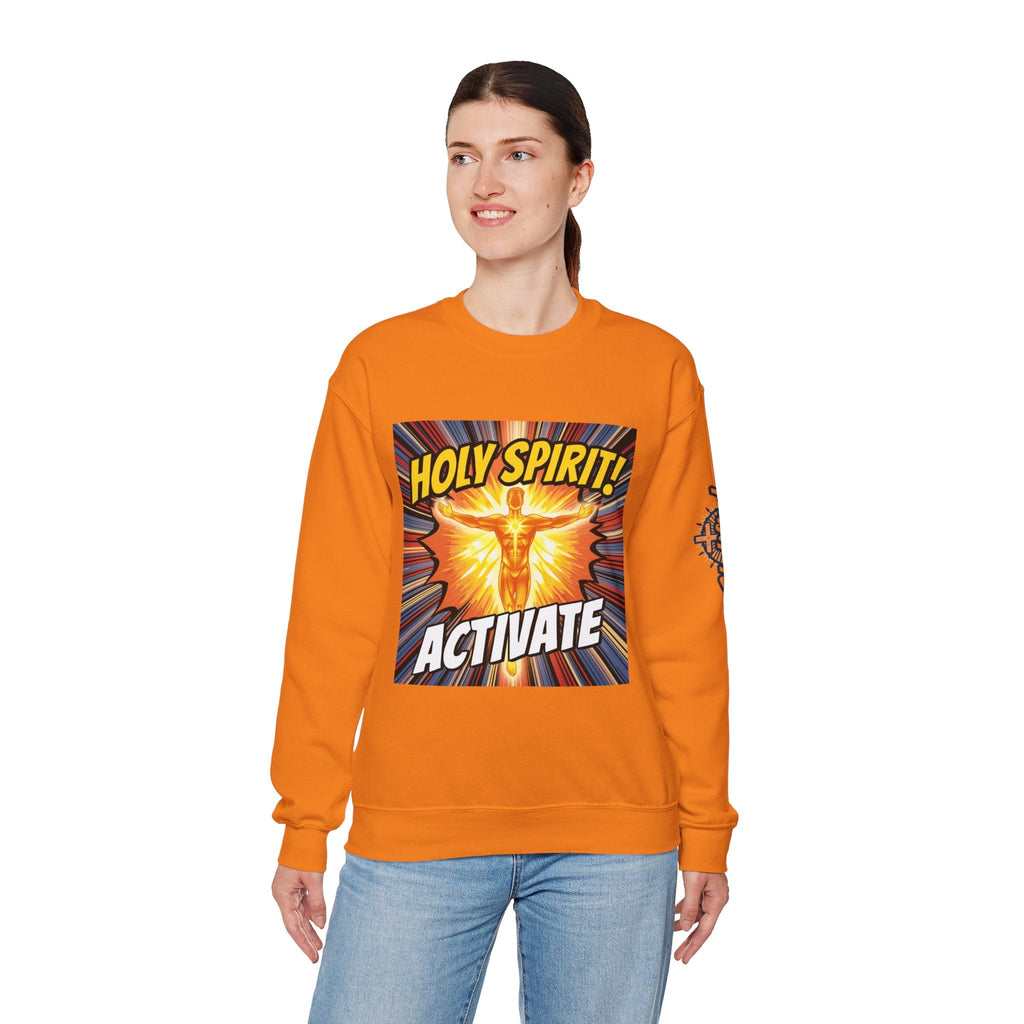 Holy Spirit Activate Sweatshirt – Superhero Christian Sweatshirt with Vibrant Power-Up Design for Faith-Fueled Boldness Printify