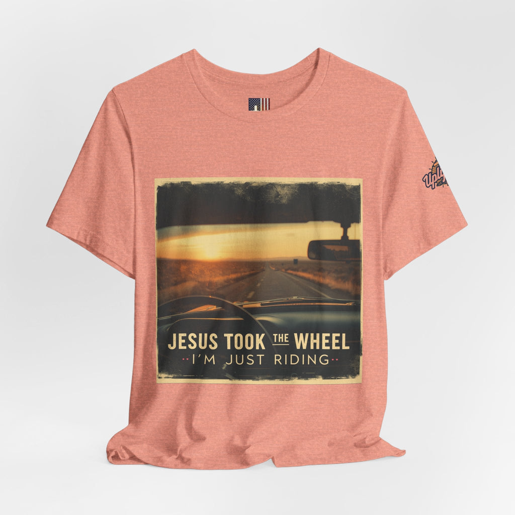 Jesus Took the Wheel I'm Just Riding T-shirt – Funny Christian Convertible Car T-shirt for Surrendered Faith & Humor Printify