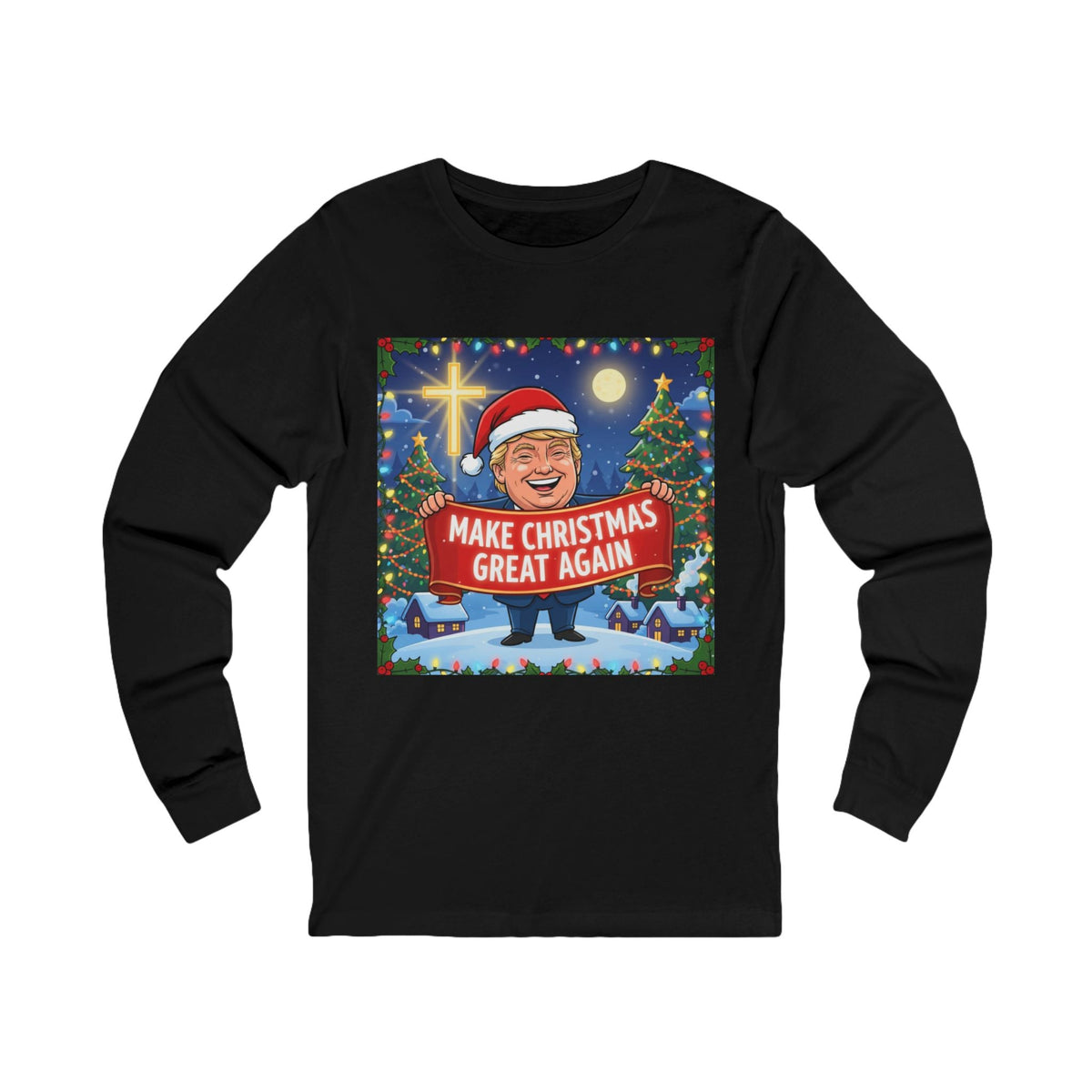 🎄 Make Christmas Great Again – Patriotic Christian Christmas Long Sleeve Shirt | Bold Holiday Faith Tee | Red & White Banner Design | Uplifted Gear Printify