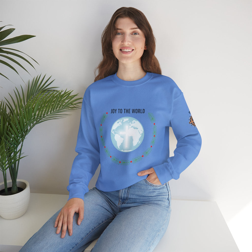 Joy to the World Sweatshirt – Wreath Earth Nativity Christian Christmas Sweatshirt for Isaiah 9:6 Holiday Faith & Festive Joy Printify