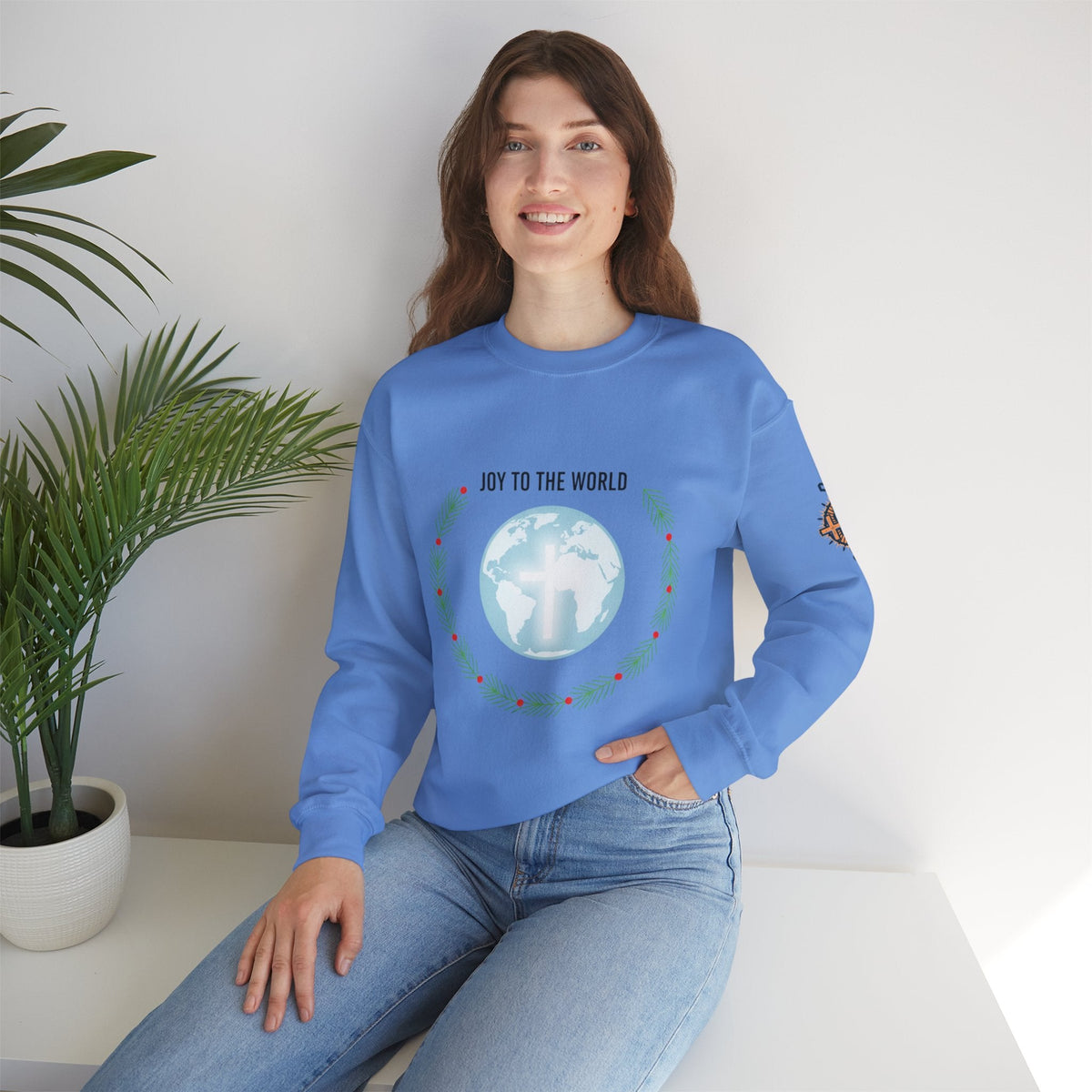 Joy to the World Sweatshirt – Wreath Earth Nativity Christian Christmas Sweatshirt for Isaiah 9:6 Holiday Faith & Festive Joy Printify