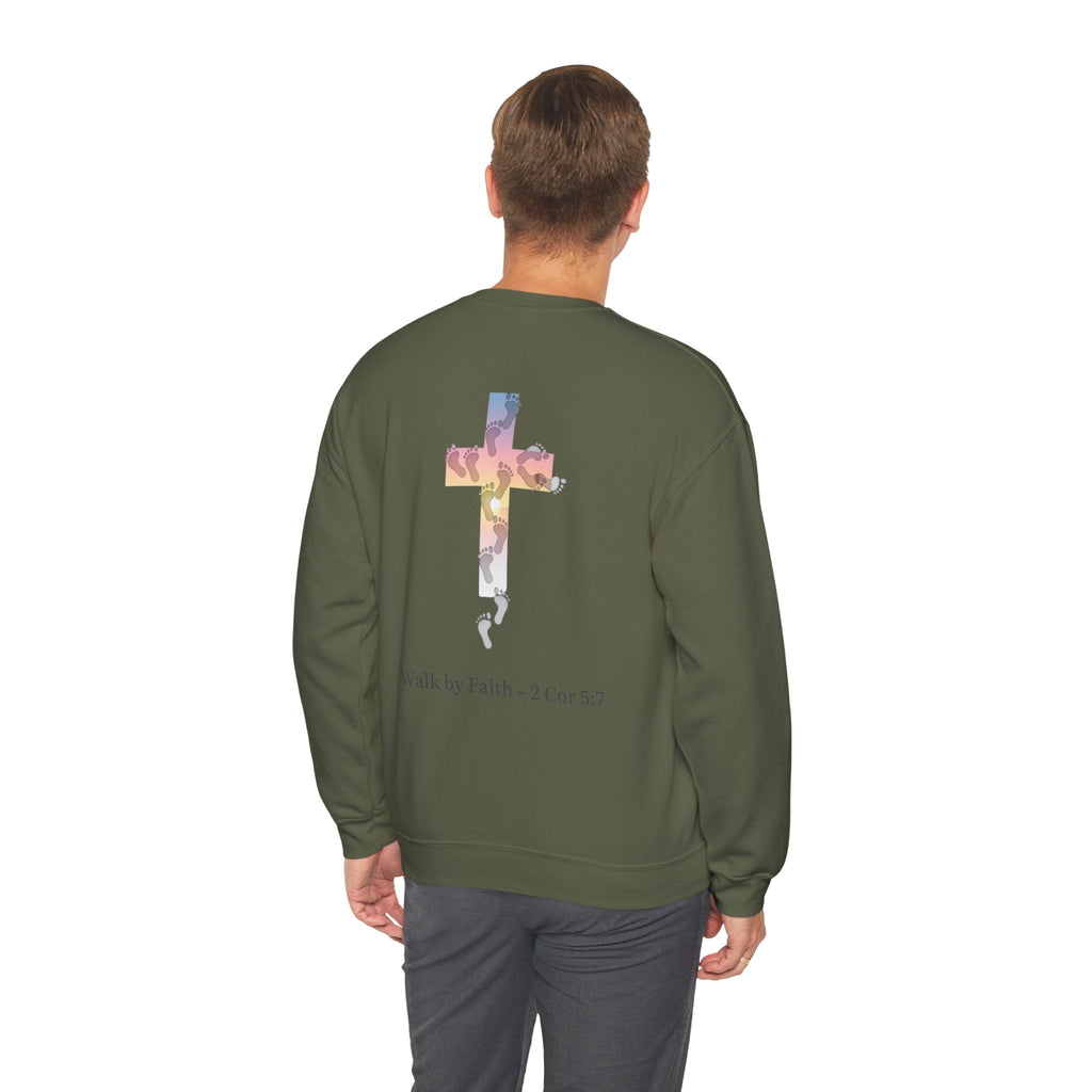 Walk by Faith Sweatshirt – Cross & Footprints Christian Sweatshirt for Cozy Inspiration Printify