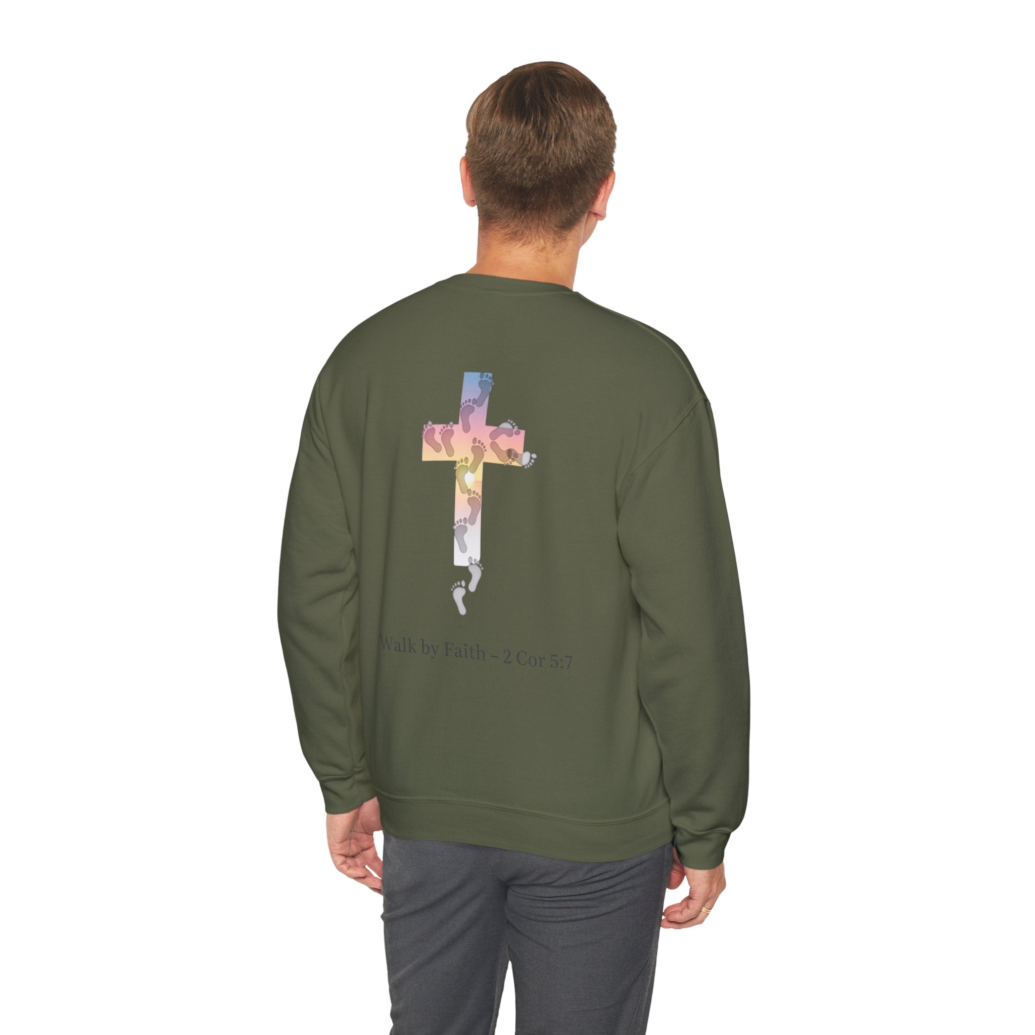Walk by Faith Sweatshirt – Cross & Footprints Christian Sweatshirt for Cozy Inspiration Printify