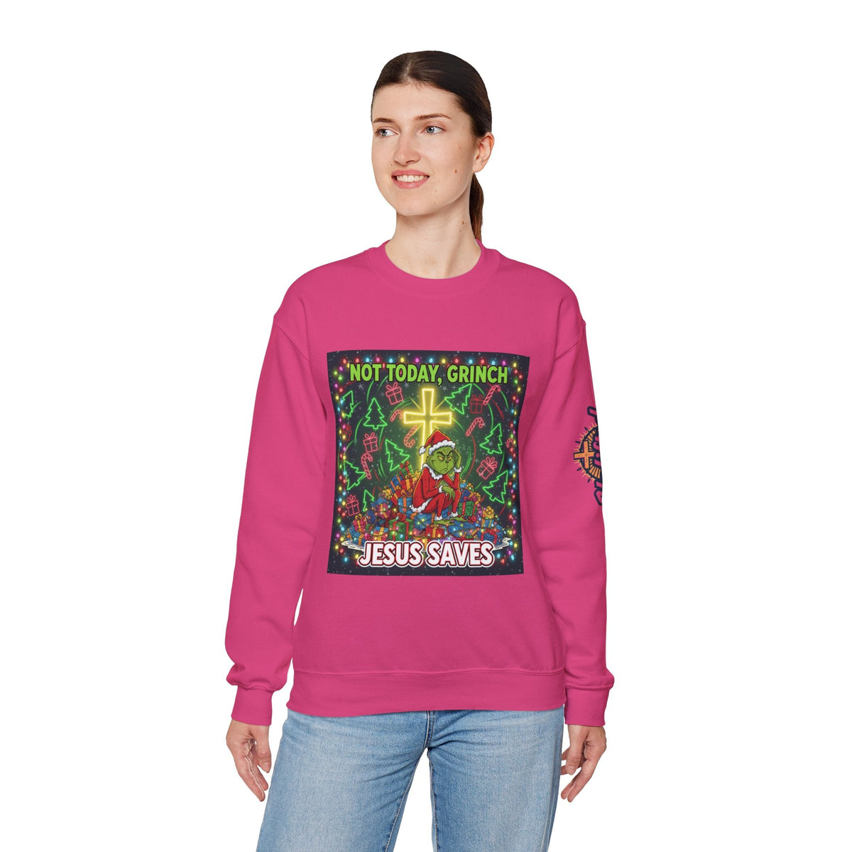 🎄 Not Today, Grinch – Jesus Saves | Funny Christian Christmas Sweatshirt | Festive Green & Red Cartoon Style | Bold Faith Holiday Tee by Uplifted Gear Printify