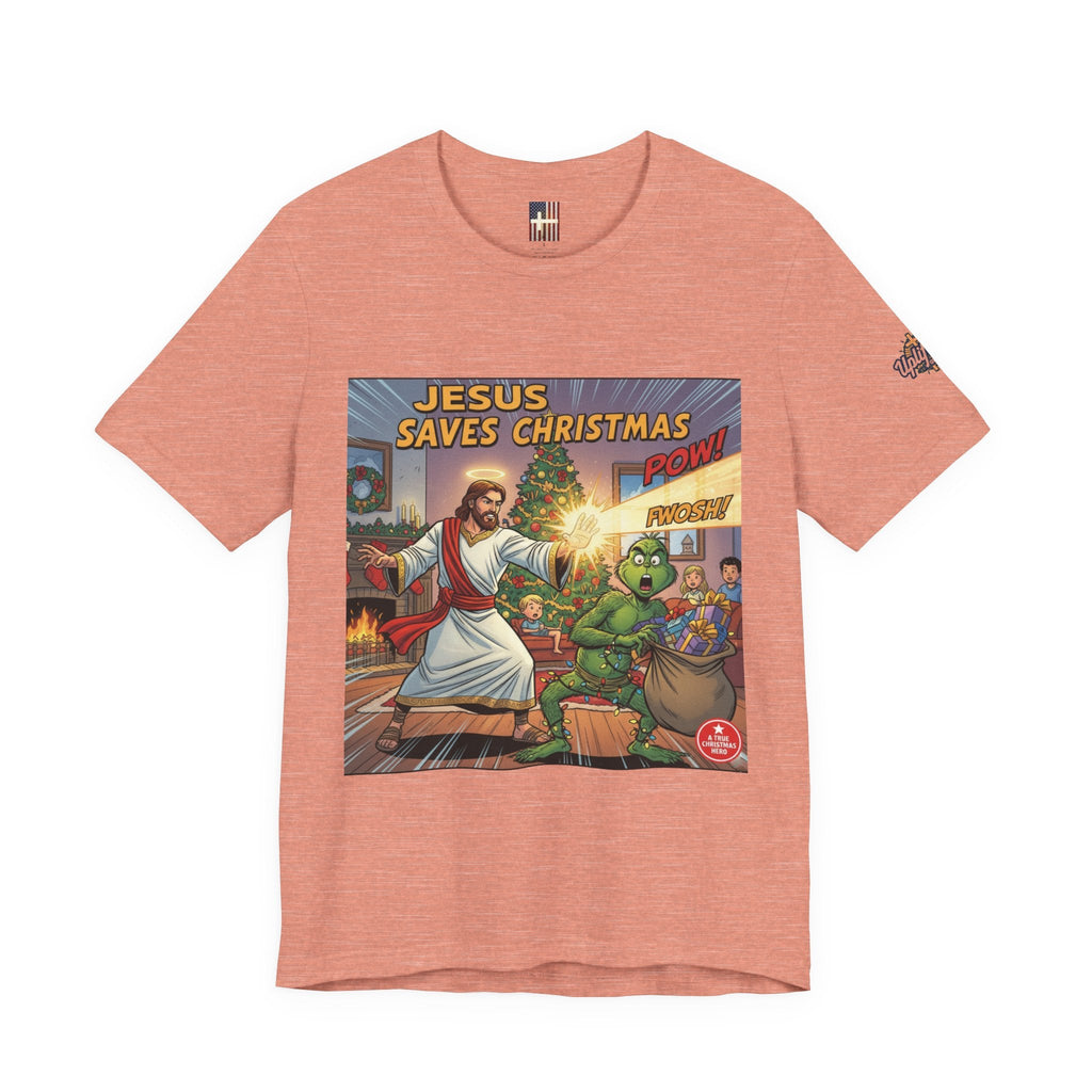 Jesus Saves Christmas T-shirt – Grinch vs Savior Light Battle Christian T-shirt for Hilarious Holiday Faith & True Joy Printify