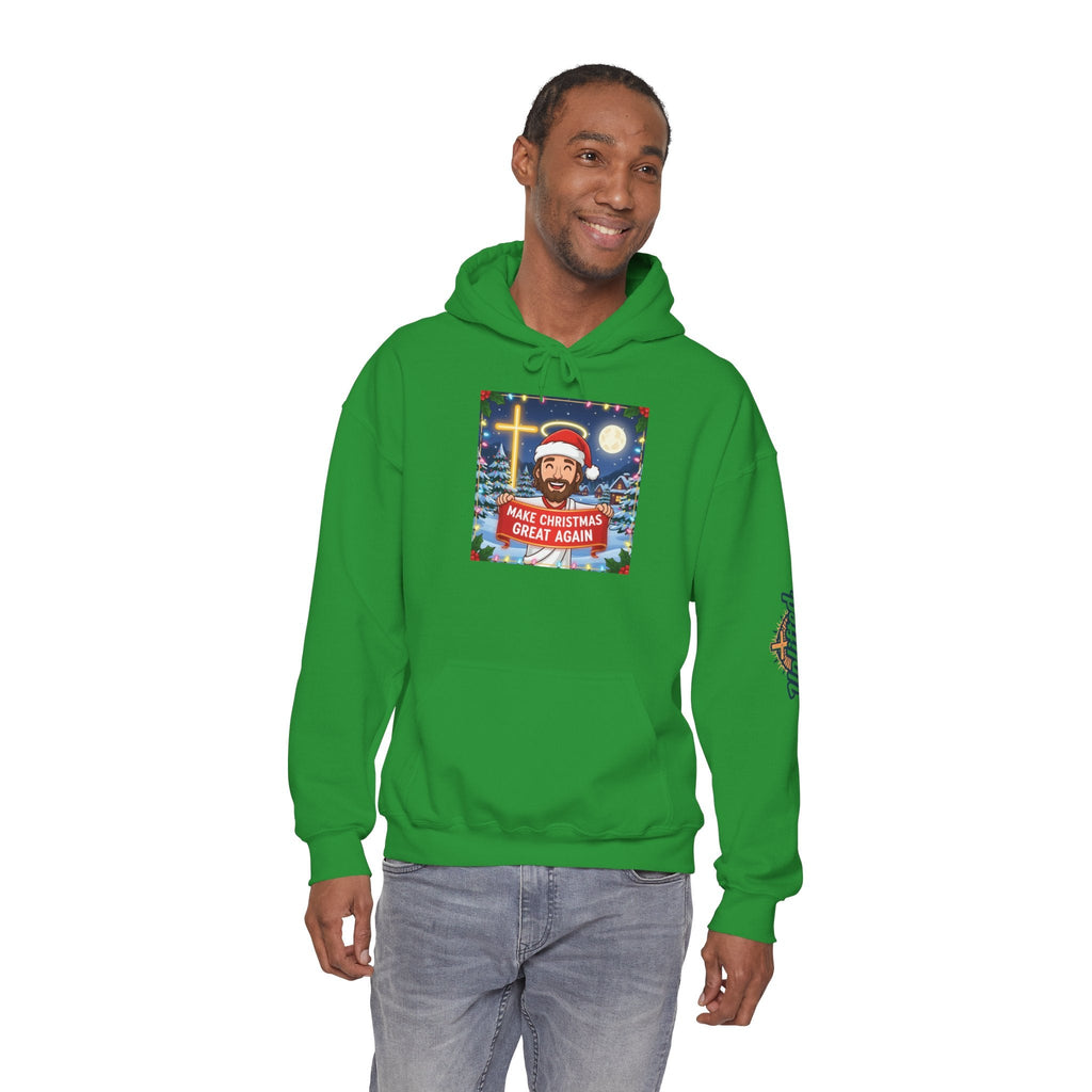 🎄 Make Christmas Great Again – Funny Christian Hoodie | Jesus Holding Banner | Faith-Based Holiday Parody Tee | Uplifted Gear Printify