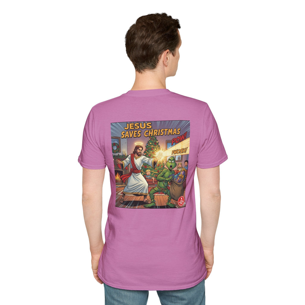 Jesus Saves Christmas T-shirt – Grinch vs Savior Light Battle Christian T-shirt for Hilarious Holiday Faith & True Joy Printify