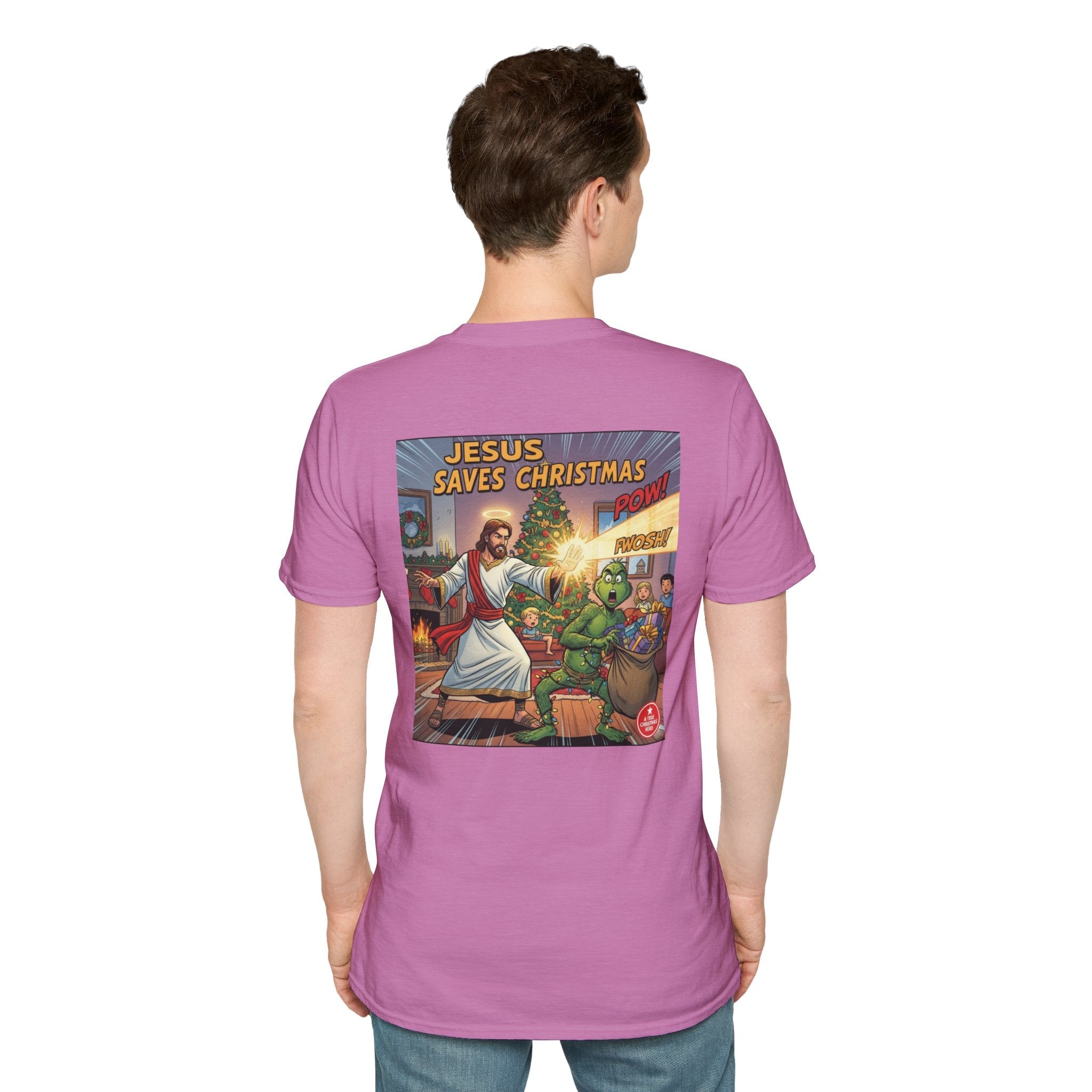Jesus Saves Christmas T-shirt – Grinch vs Savior Light Battle Christian T-shirt for Hilarious Holiday Faith & True Joy Printify