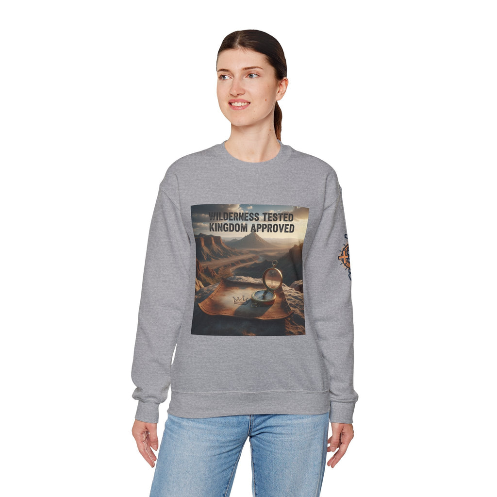 Wilderness Tested Kingdom Approved Sweatshirt – Mountain Desert Compass Crown Christian Sweatshirt for Biblical Adventure Faith Printify