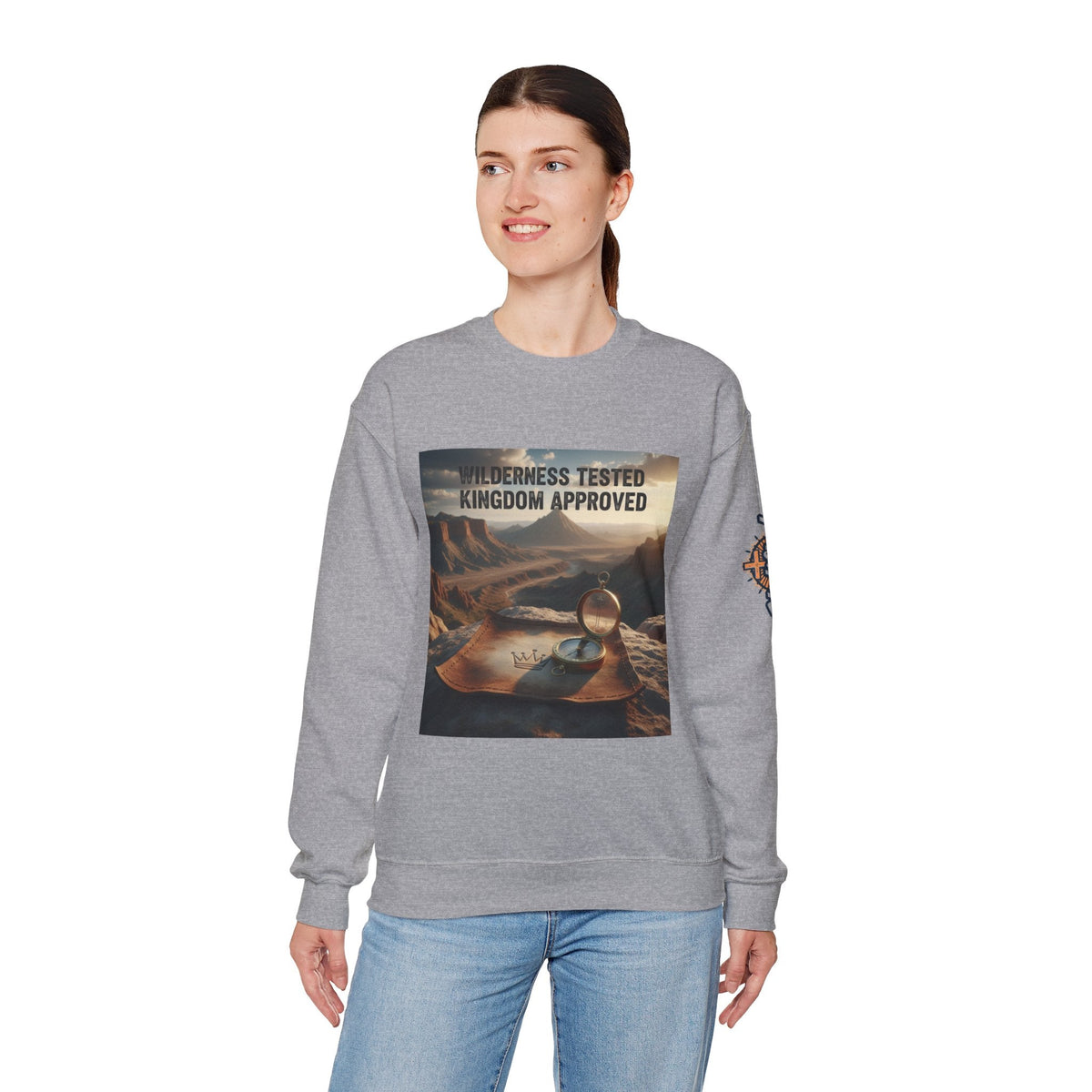 Wilderness Tested Kingdom Approved Sweatshirt – Mountain Desert Compass Crown Christian Sweatshirt for Biblical Adventure Faith Printify