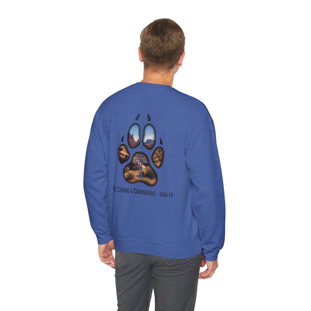 Strong and Courageous Sweatshirt – Joshua 1:9 Canine Pawprint Desert Christian Sweatshirt for Dog Lovers Printify