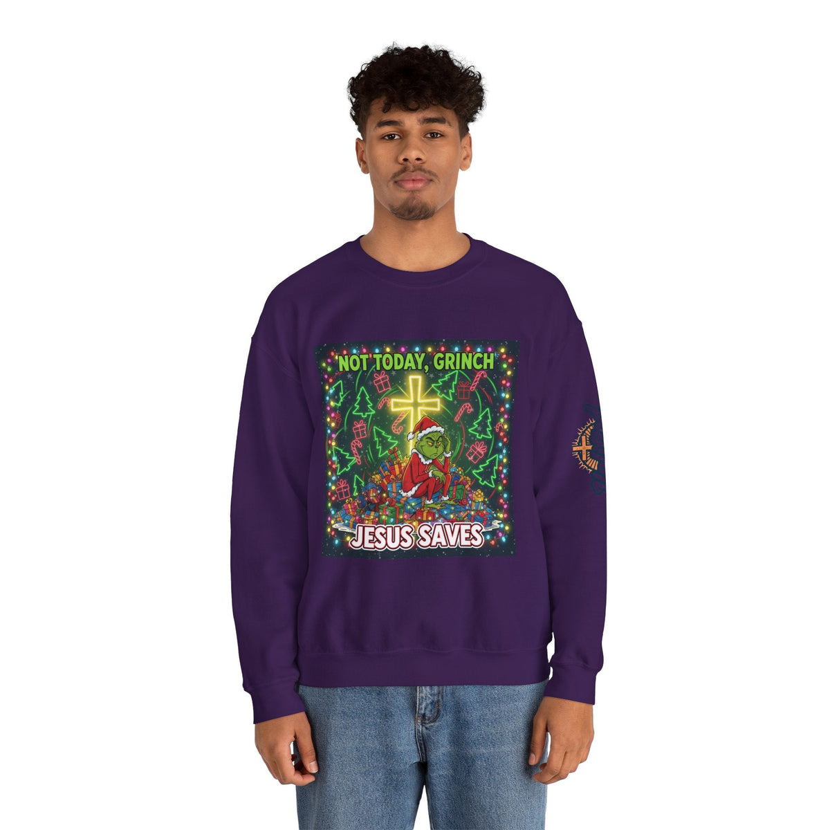 🎄 Not Today, Grinch – Jesus Saves | Funny Christian Christmas Sweatshirt | Festive Green & Red Cartoon Style | Bold Faith Holiday Tee by Uplifted Gear Printify