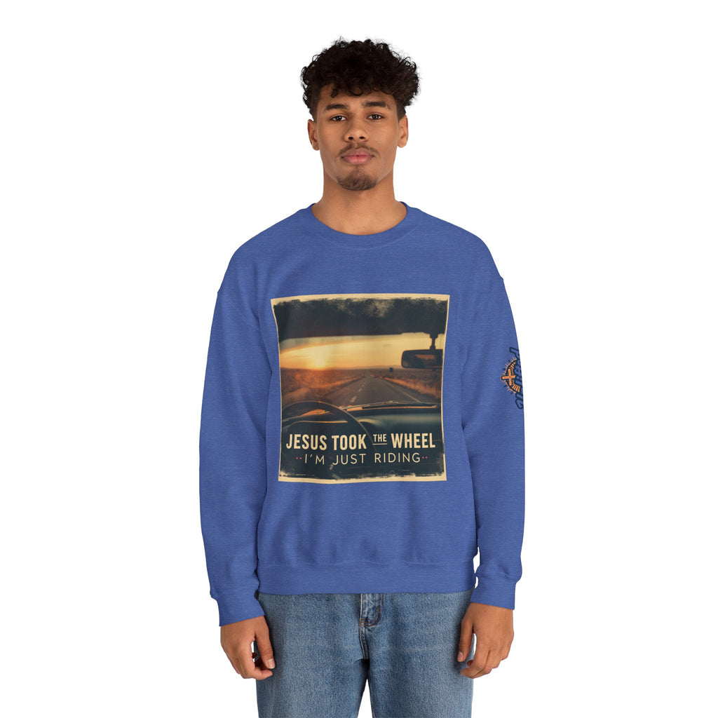 Jesus Took the Wheel I'm Just Riding Sweatshirt – Funny Christian Convertible Car Sweatshirt for Surrendered Faith & Humor