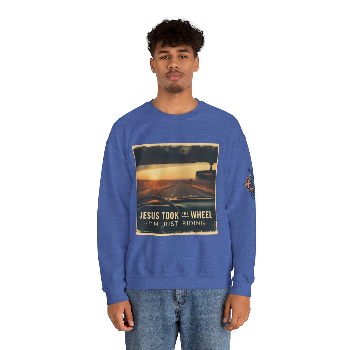 Jesus Took the Wheel I'm Just Riding Sweatshirt – Funny Christian Convertible Car Sweatshirt for Surrendered Faith & Humor