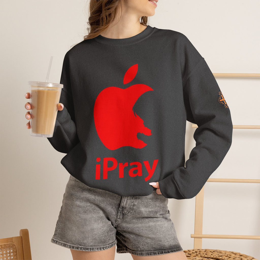 iPray Apple Logo Sweatshirt — Funny Christian Sweatshirt (Minimal Red Apple Graphic) Printify