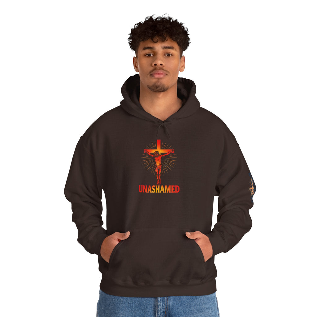 Unashamed Hoodie – Romans 1:16 Crucifixion Christian Sweatshirt for Bold Unwavering Faith Printify