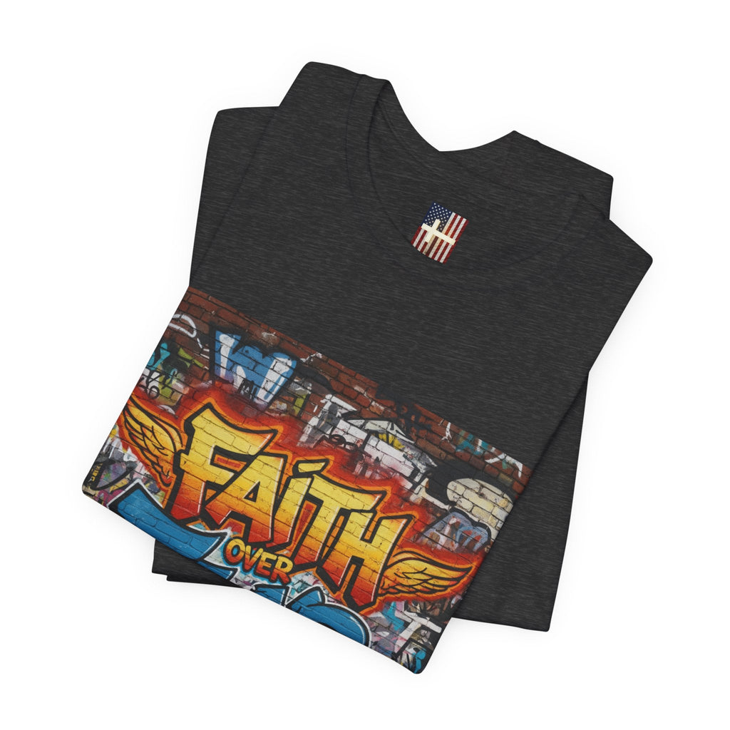 Faith Over Fear T-shirt – Graffiti Wall Christian T-shirt for Bold 2 Corinthians 5:7 Streetwear & Unshakable Faith Printify
