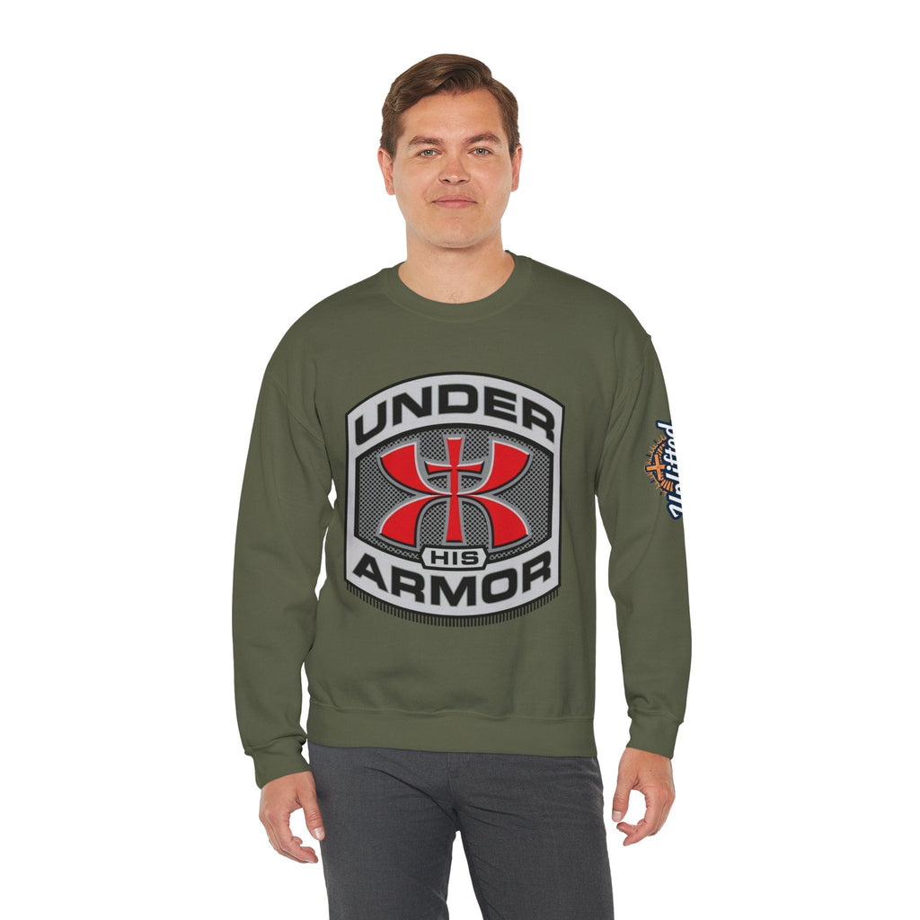 Under His Armor Crewneck Sweatshirt — Christian Faith Graphic Pullover Printify