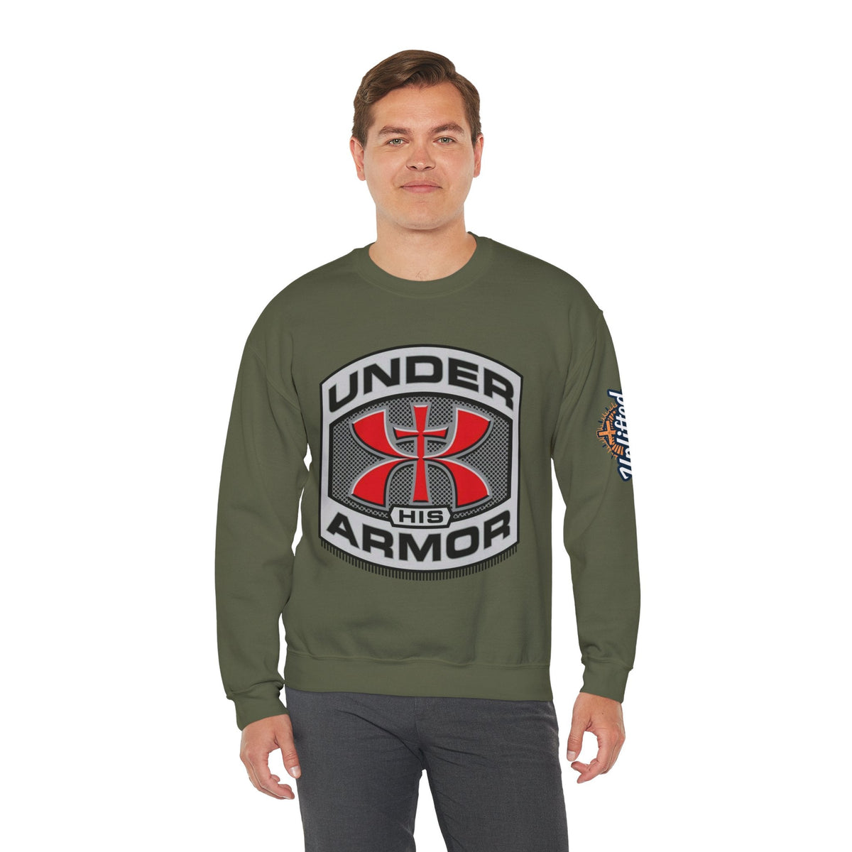 Under His Armor Crewneck Sweatshirt — Christian Faith Graphic Pullover Printify