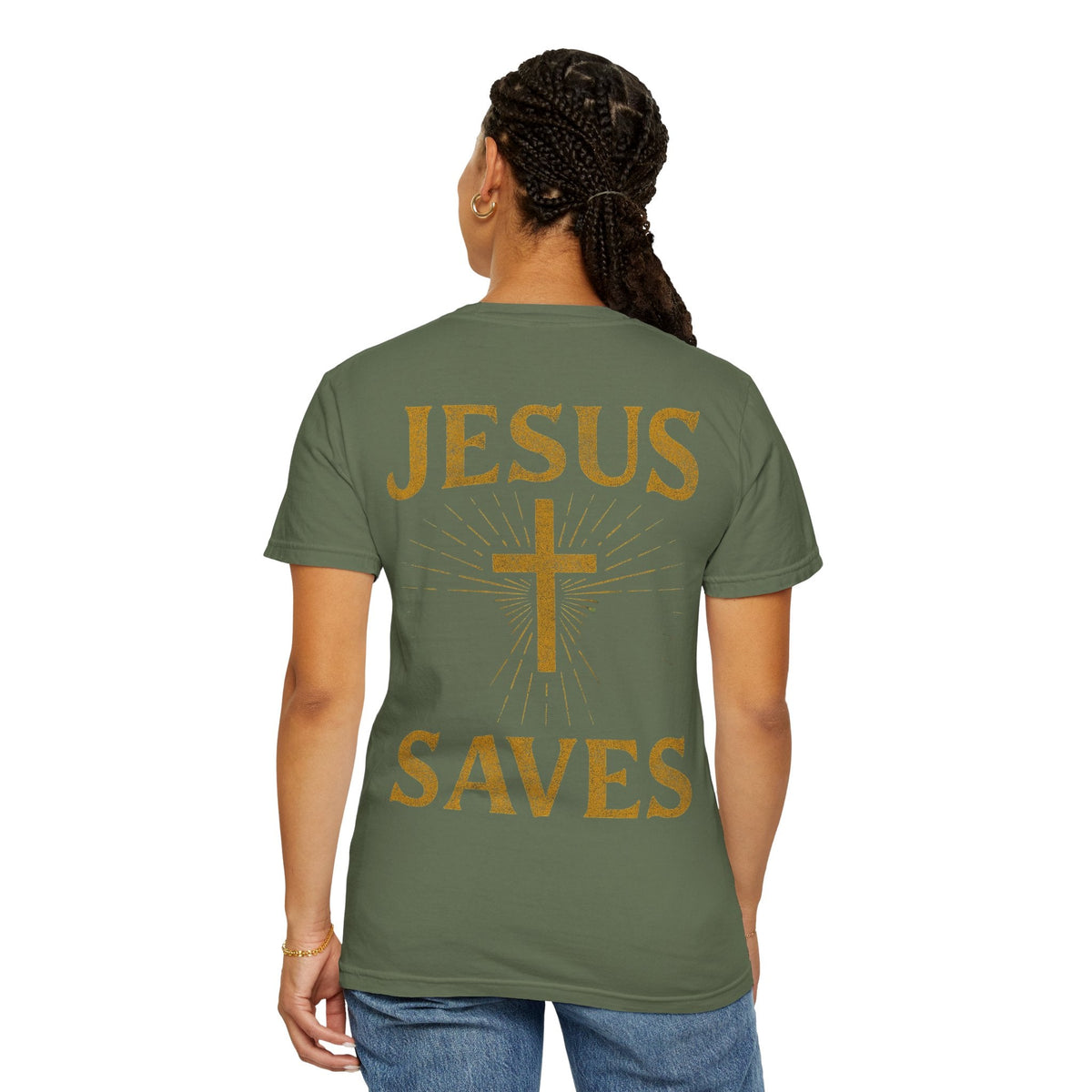 Jesus Saves T-shirt – Radiant Cross & Rays of Light Christian T-shirt for Eternal Hope & Faith Printify