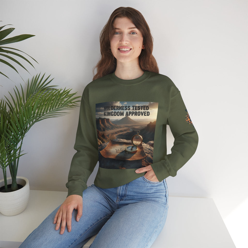 Wilderness Tested Kingdom Approved Sweatshirt – Mountain Desert Compass Crown Christian Sweatshirt for Biblical Adventure Faith Printify