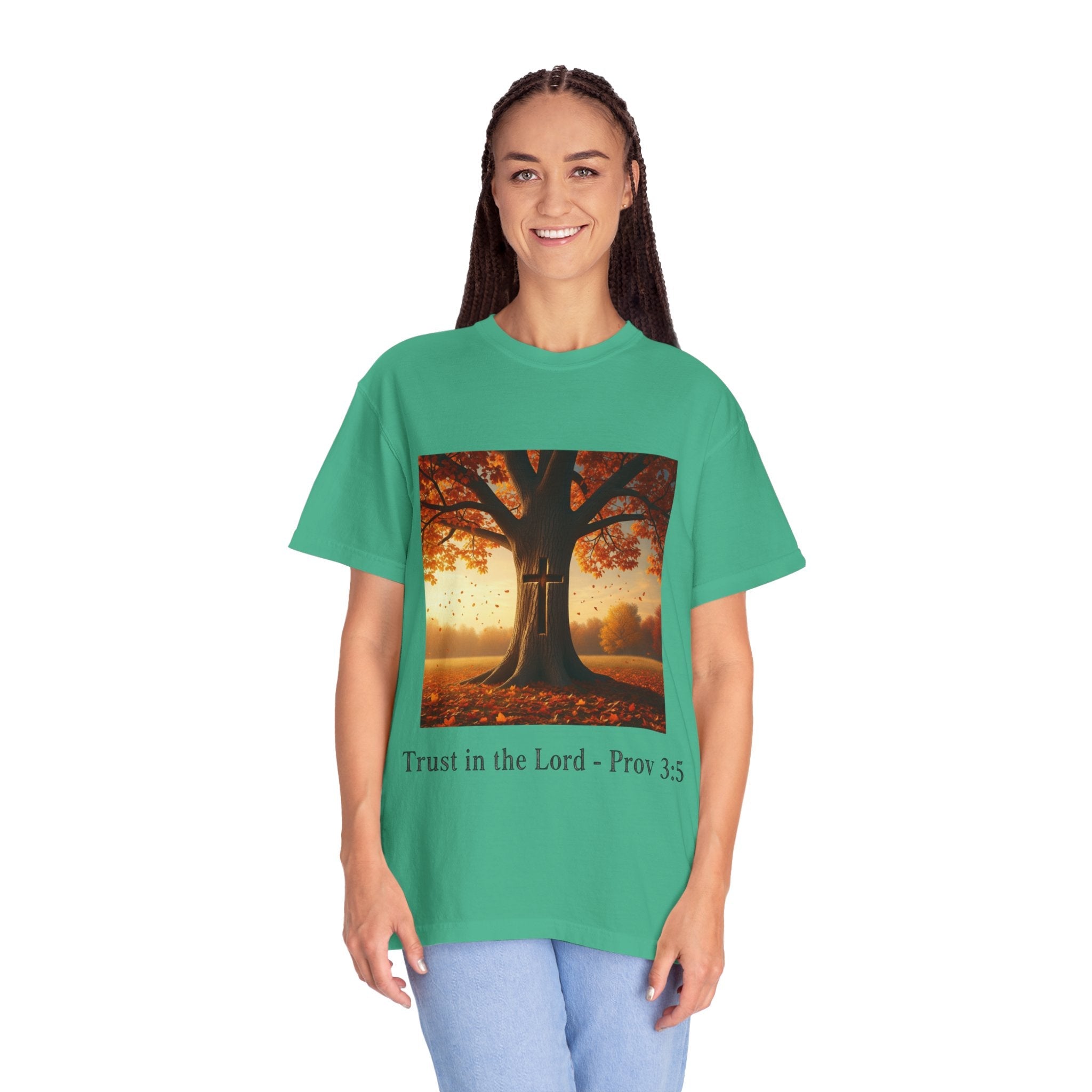 Trust in the Lord T-Shirt – Autumn Tree Christian Tee with Proverbs 3:5 Printify