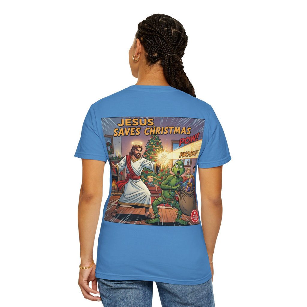 Jesus Saves Christmas T-shirt – Grinch vs Savior Light Battle Christian T-shirt for Hilarious Holiday Faith & True Joy Printify