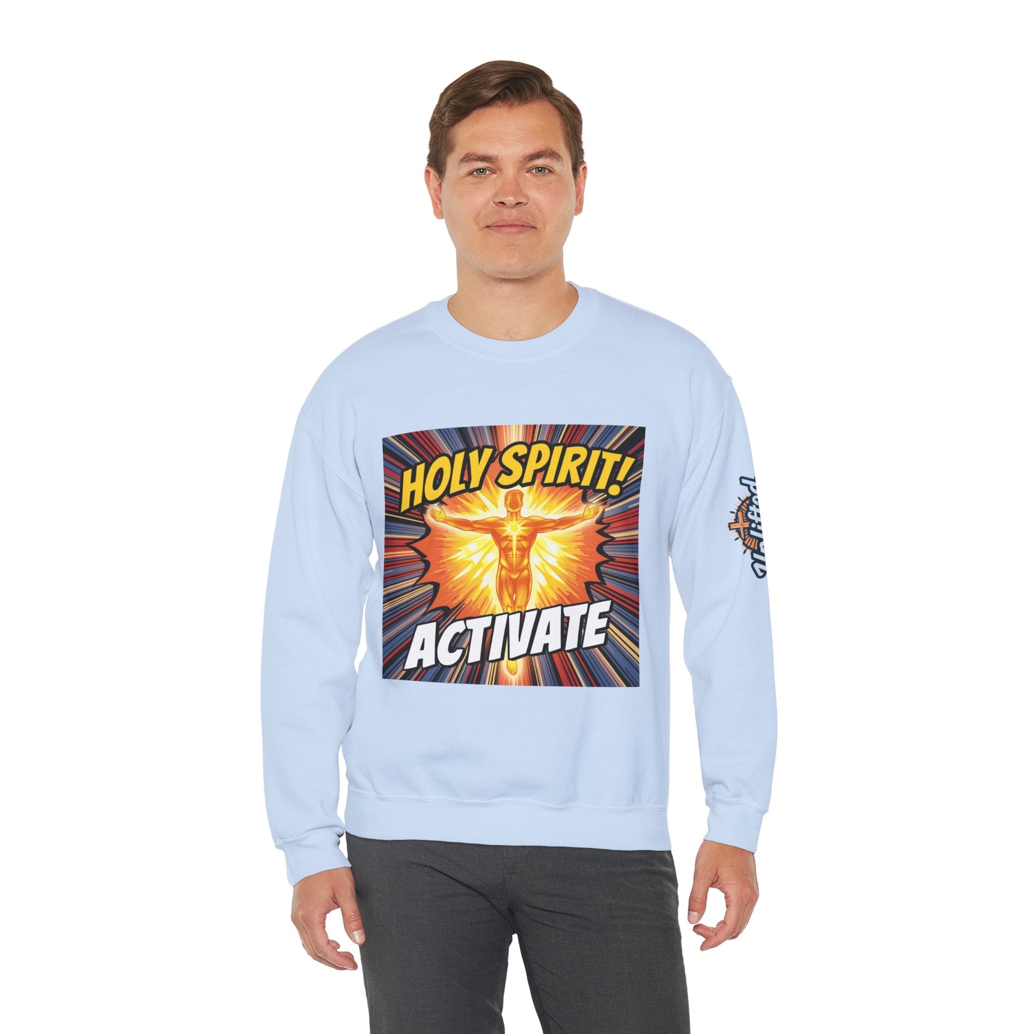 Holy Spirit Activate Sweatshirt – Superhero Christian Sweatshirt with Vibrant Power-Up Design for Faith-Fueled Boldness Printify