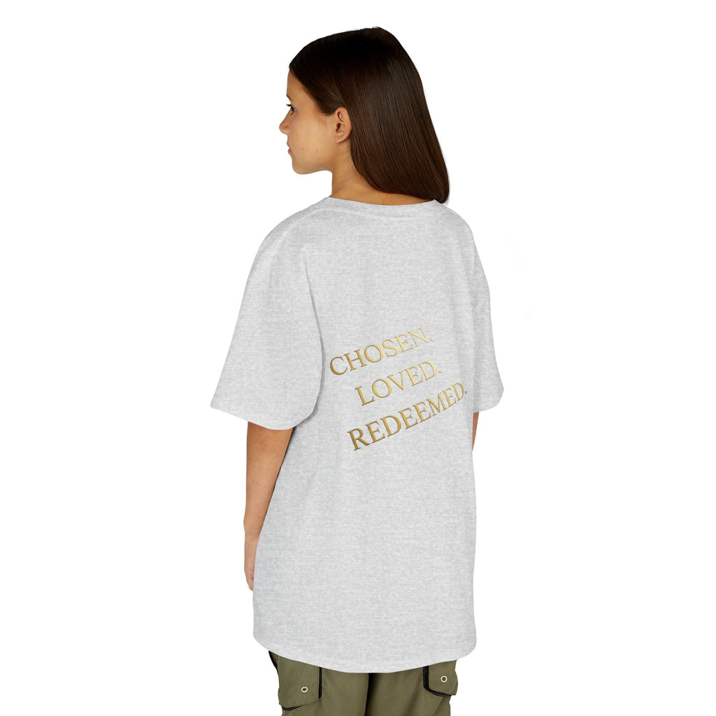 ✨ Chosen. Loved. Redeemed. – Elegant Christian Kids T-Shirt | Gold Foil Faith Tee | Subtle Cross & Heart Design | Inspirational Bible Verse Apparel by Uplifted Gear Printify