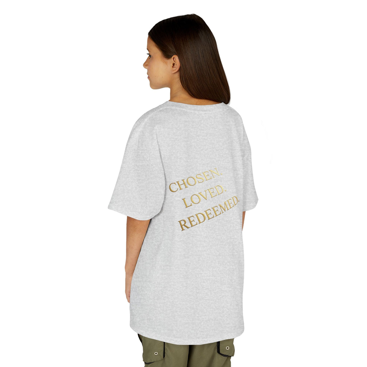 ✨ Chosen. Loved. Redeemed. – Elegant Christian Kids T-Shirt | Gold Foil Faith Tee | Subtle Cross & Heart Design | Inspirational Bible Verse Apparel by Uplifted Gear Printify