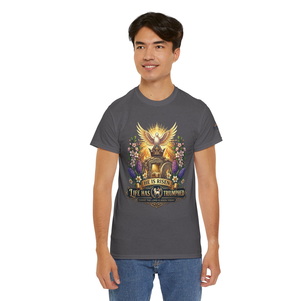 He Is Risen "Life Has Triumphed" T-Shirt — Easter Resurrection Christian Tee Printify