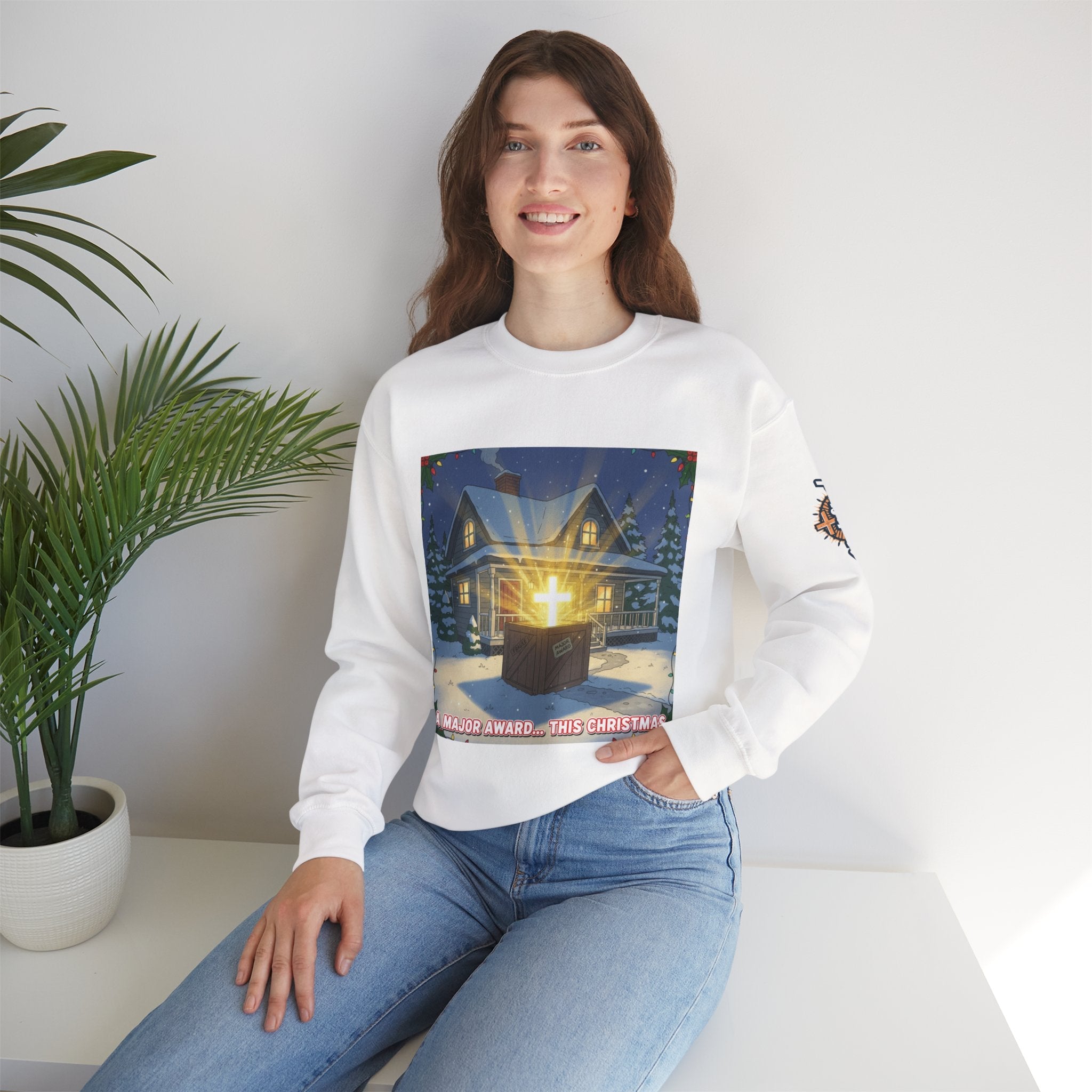 A Major Award This Christmas Sweatshirt – Fragile Leg Lamp Parody Cross Unboxing Christian Sweatshirt for Hilarious Faith & Holiday Glow Printify