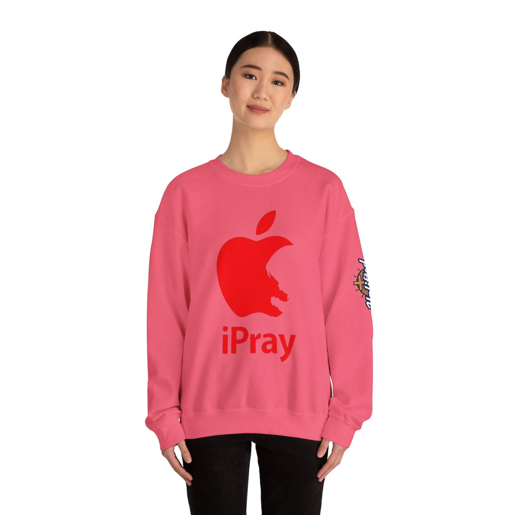 iPray Apple Logo Sweatshirt — Funny Christian Sweatshirt (Minimal Red Apple Graphic) Printify