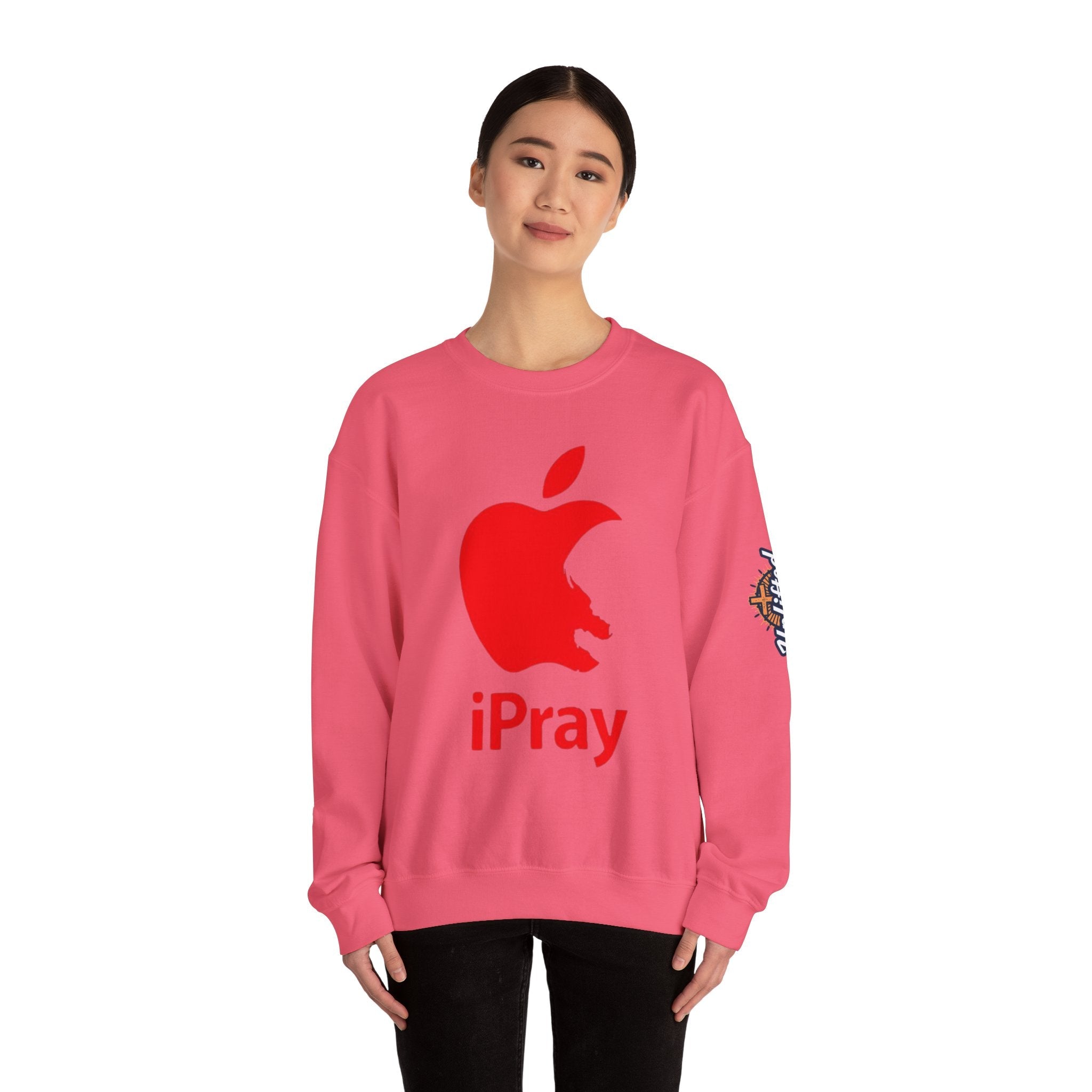 iPray Apple Logo Sweatshirt — Funny Christian Sweatshirt (Minimal Red Apple Graphic) Printify