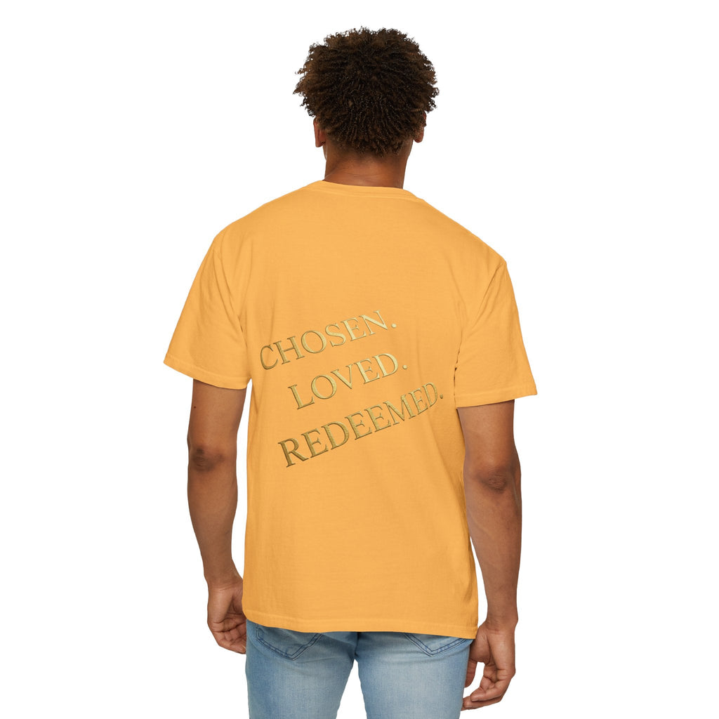 ✨ Chosen. Loved. Redeemed. – Elegant Christian T-Shirt | Gold Foil Faith Tee | Subtle Cross & Heart Design | Inspirational Bible Verse Apparel by Uplifted Gear Printify