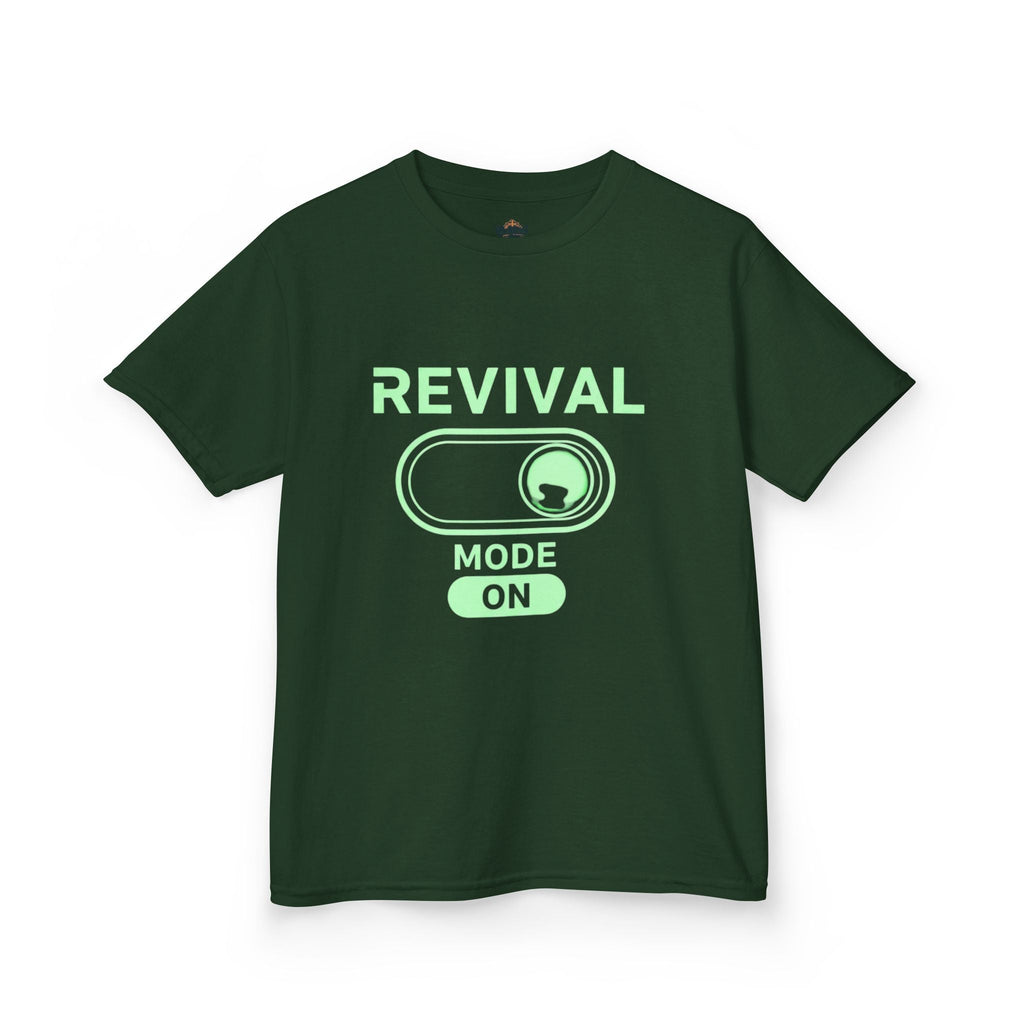🔥 Revival Mode: ON – Christian Techwear Kids T-Shirt | Glowing Green Faith Switch | Futuristic Jesus Shirt | Activate Your Spiritual Awakening | Uplifted Gear Printify