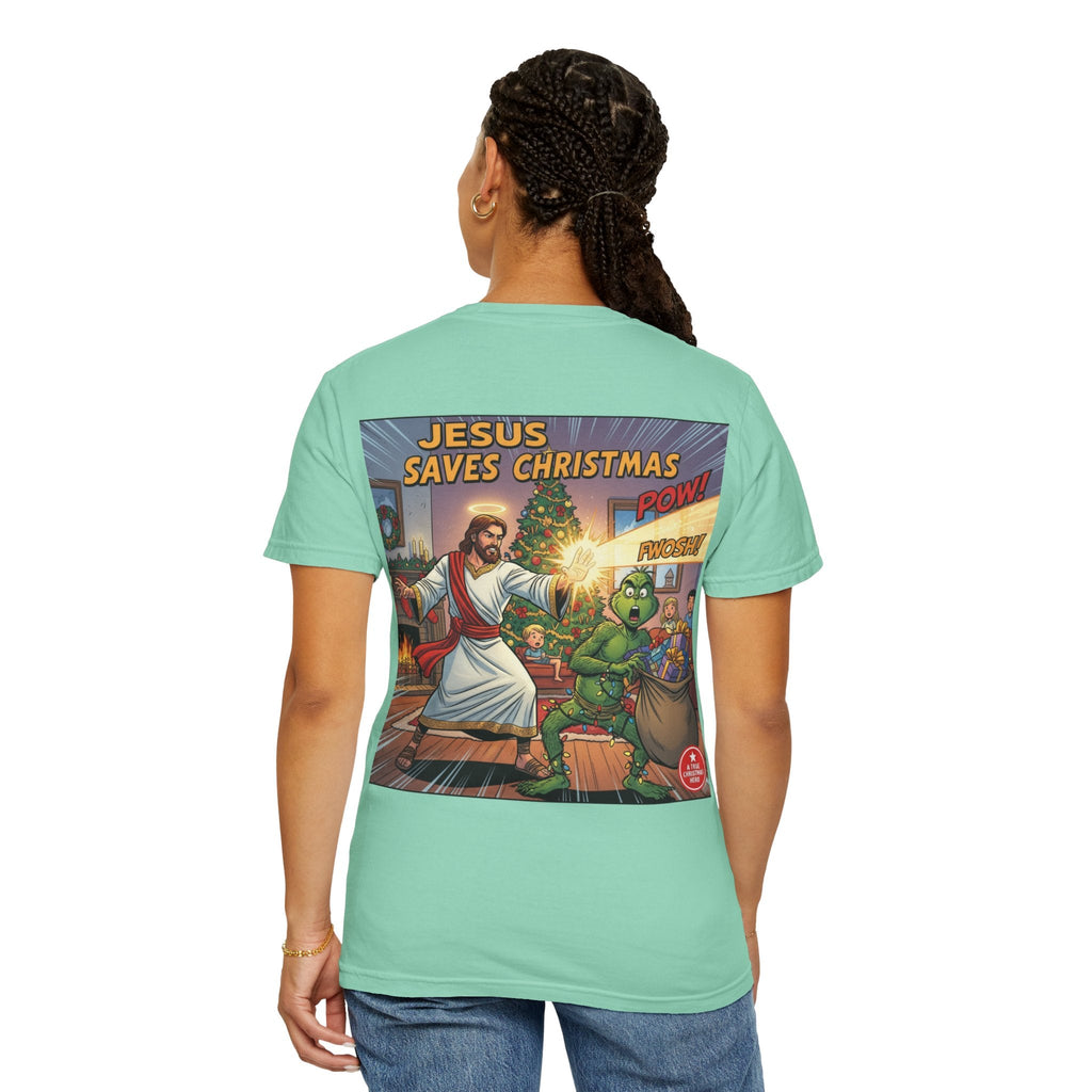 Jesus Saves Christmas T-shirt – Grinch vs Savior Light Battle Christian T-shirt for Hilarious Holiday Faith & True Joy Printify