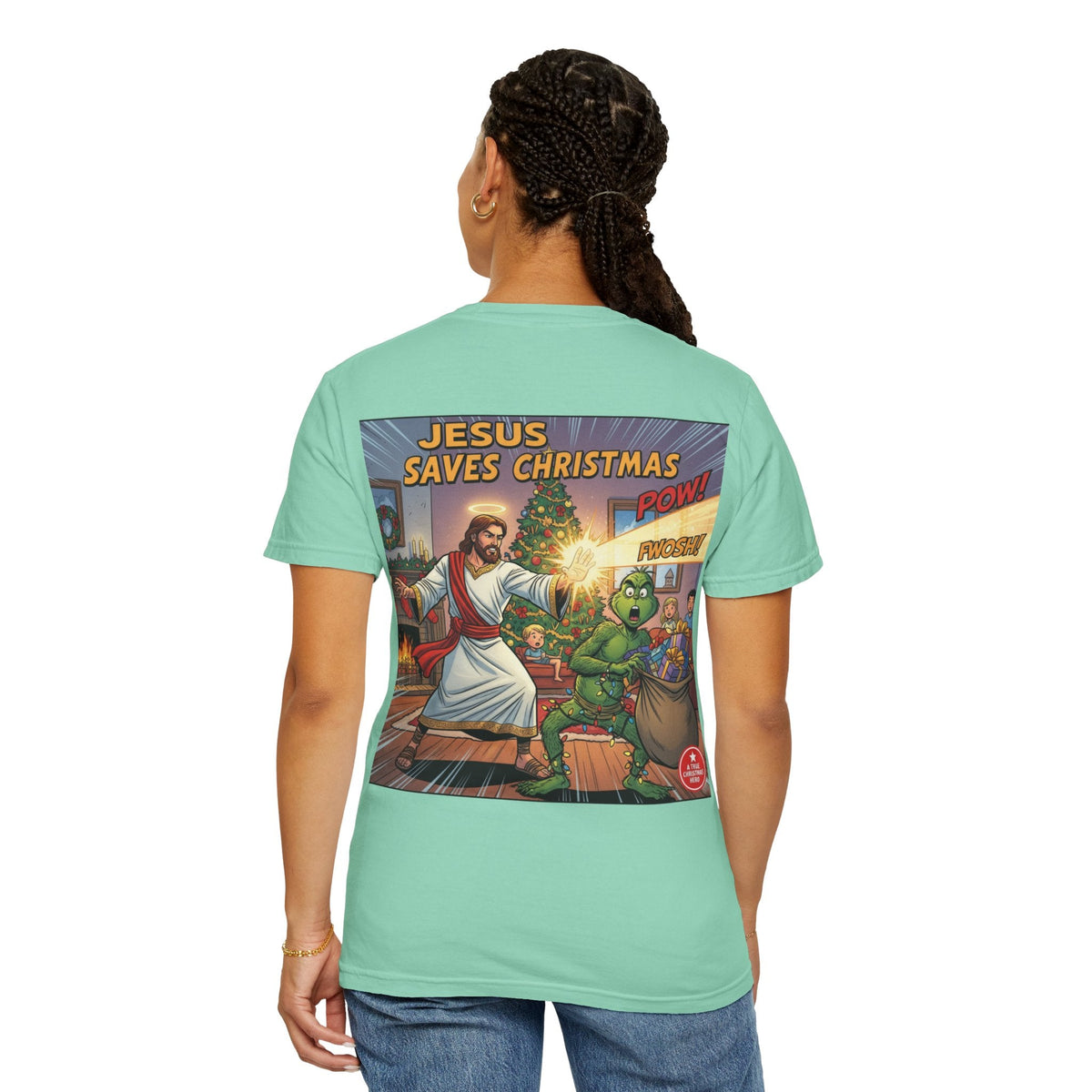 Jesus Saves Christmas T-shirt – Grinch vs Savior Light Battle Christian T-shirt for Hilarious Holiday Faith & True Joy Printify